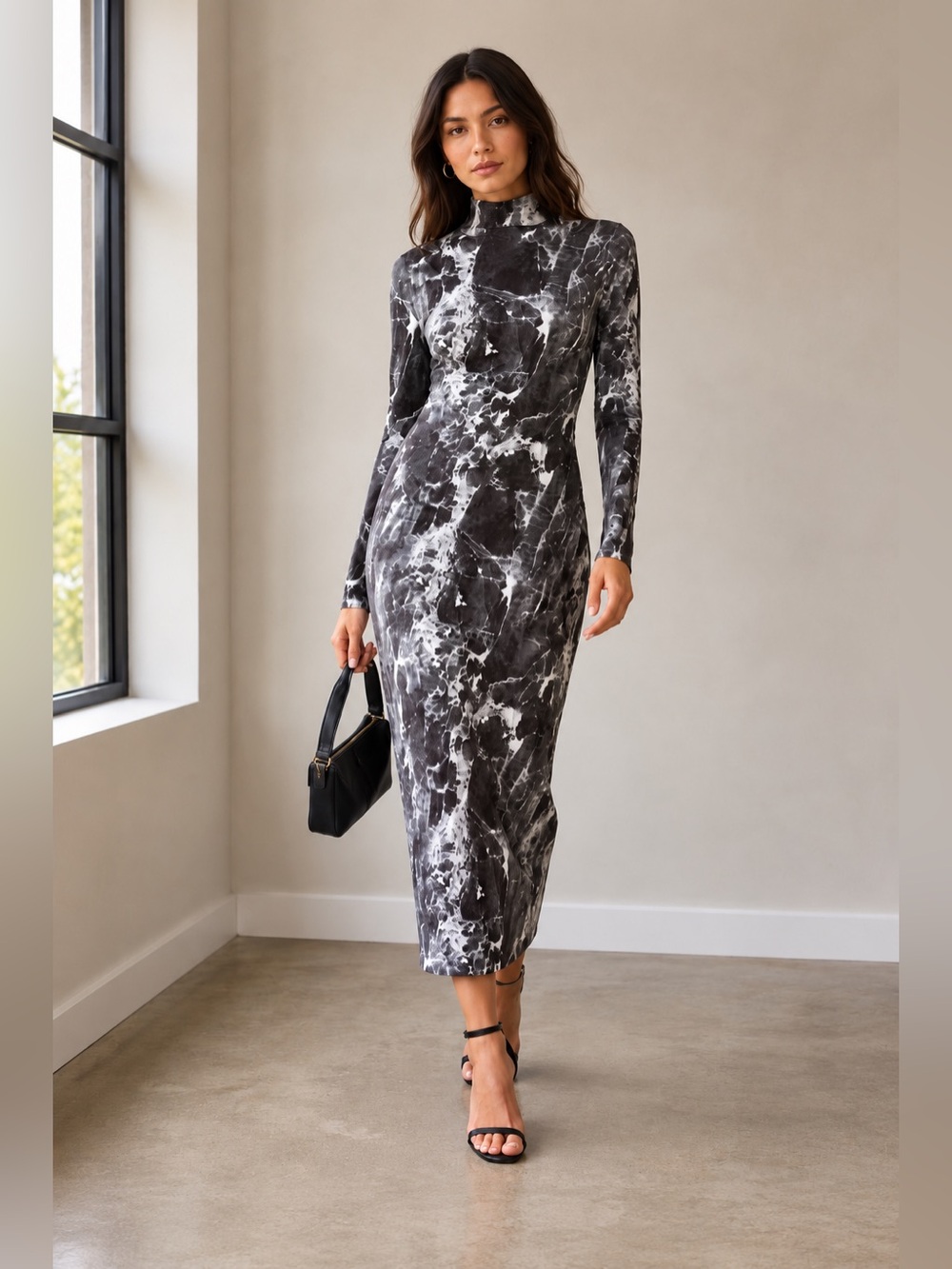 Norma Kamali x KamaliKulture Marble Print Turtleneck Midi Dress L